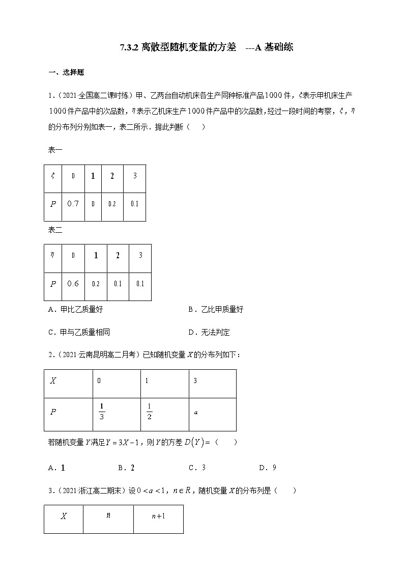 人教A版选择性必修第三册数学7.3.2离散型随机变量的方差-A基础练01