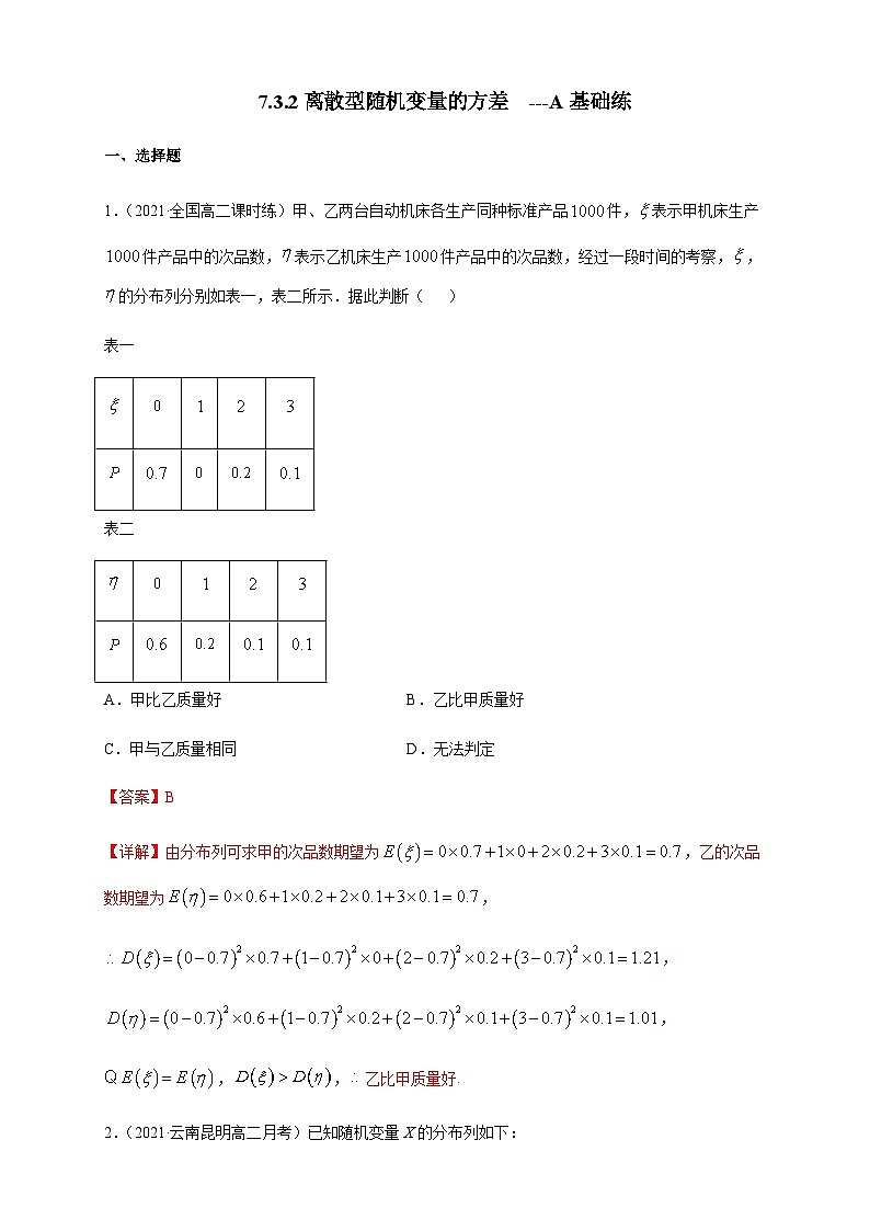 人教A版选择性必修第三册数学7.3.2离散型随机变量的方差-A基础练01