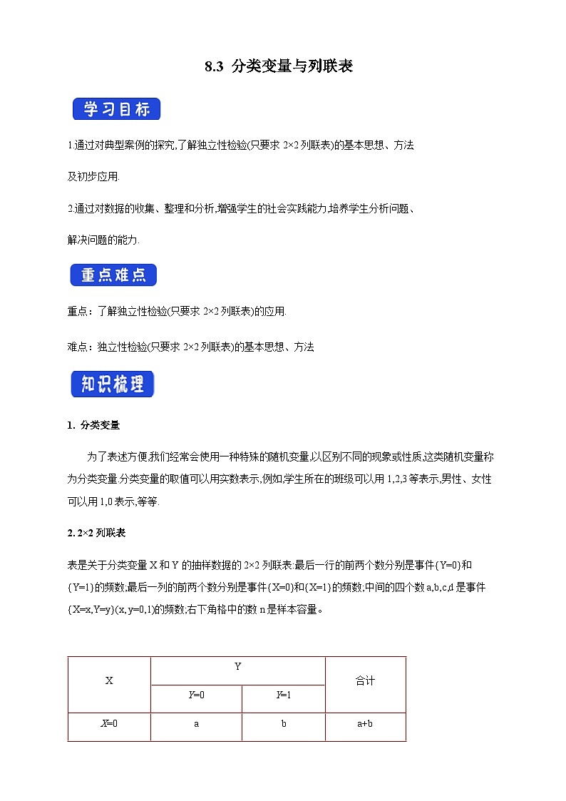 人教A版数学选择性必修第三册8.3分类变量与列联表导学案01