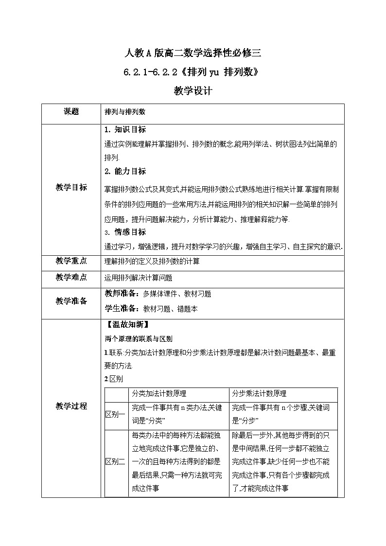 人教a版数学选择性必修第三册6.2.1-6.2.2《排列与排列数》教学设计01