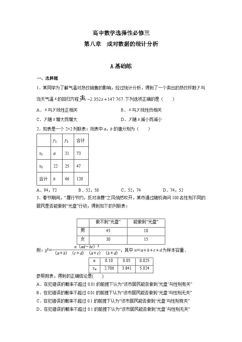 人教a版数学选择性必修第三册第8章《成对数据的统计分析》章末复习小结 练习01