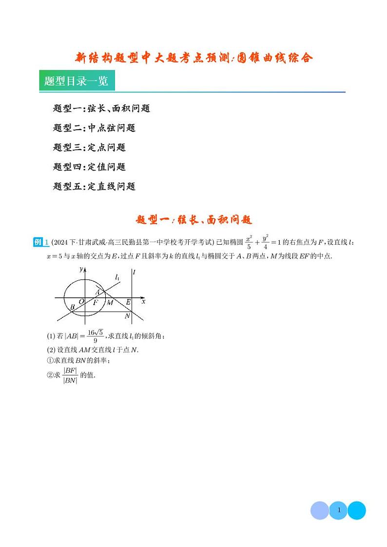 新结构题型中大题考点预测：圆锥曲线综合 学生版第1页