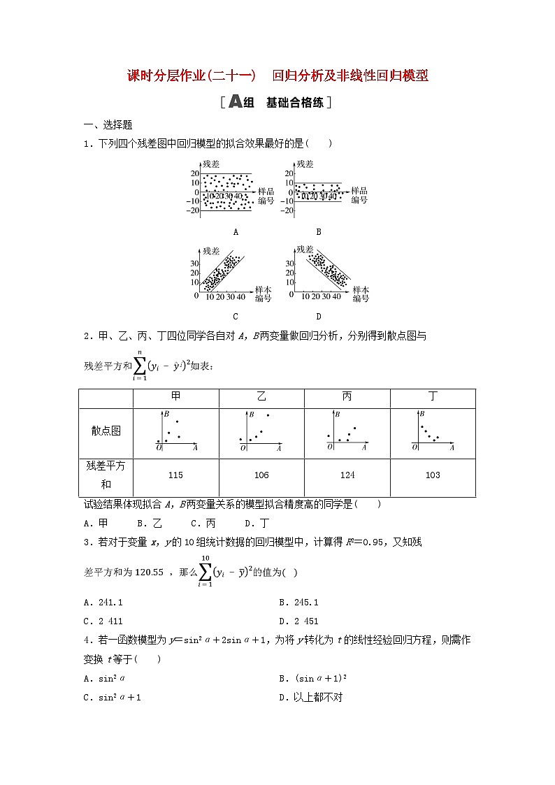 2024春高中数学课时分层作业21回归分析及非线性回归模型及解析（人教A版选择性必修第三册）第1页