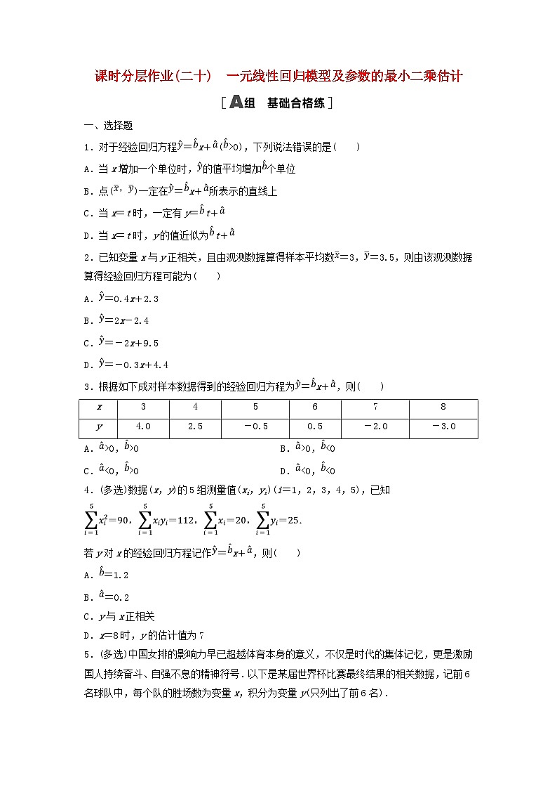2024春高中数学课时分层作业20一元线性回归模型及参数的最玄乘估计及解析（人教A版选择性必修第三册）01