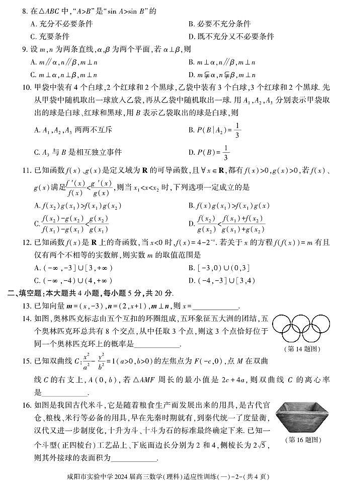 陕西省咸阳市实验中学2023-2024学年高三下学期适应训练（一）高考模拟理科数学试题及答案02