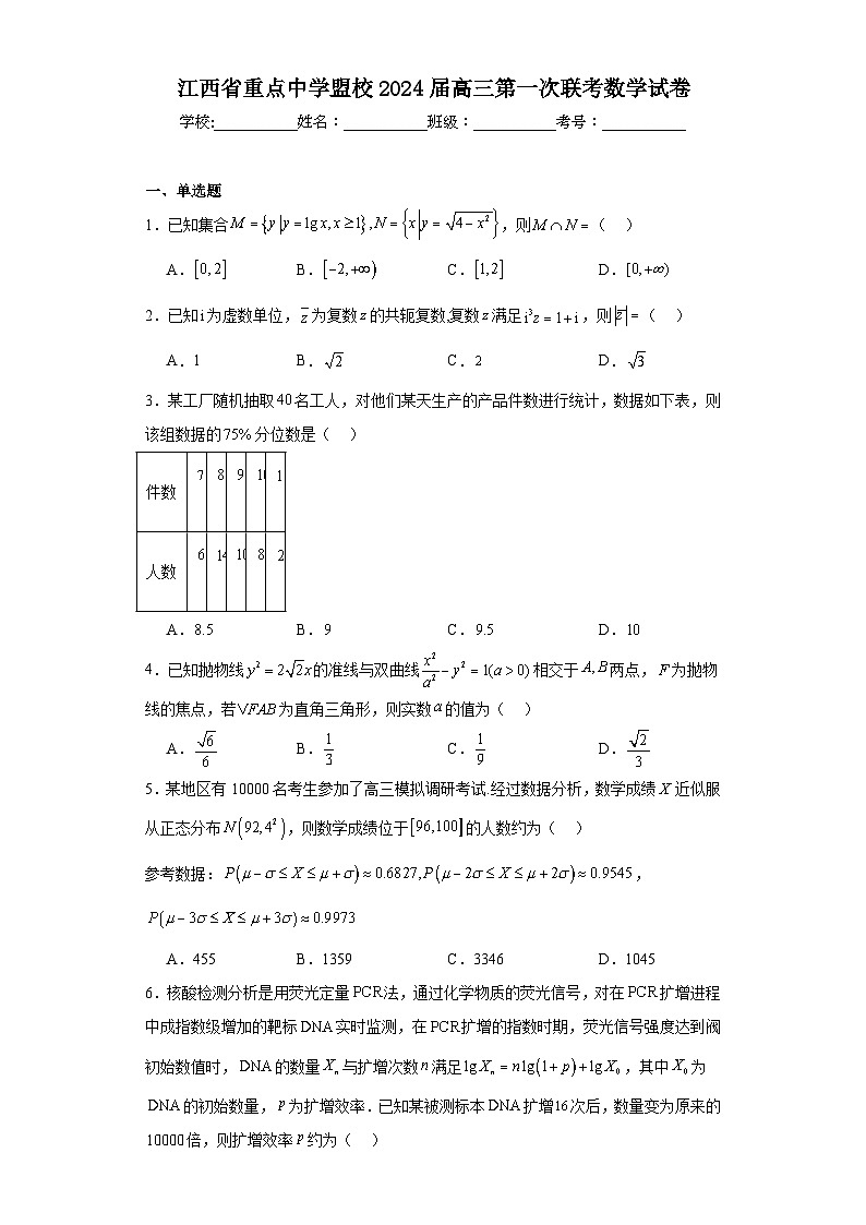 江西省重点中学盟校2024届高三第一次联考数学试卷及详细答案第1页