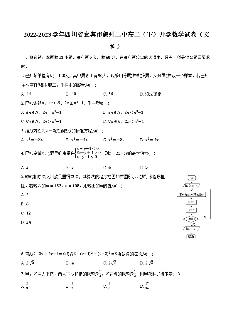 2022-2023学年四川省宜宾市叙州二中高二（下）开学数学试卷（文科）（含解析）第1页