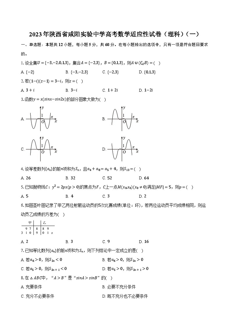 2023年陕西省咸阳实验中学高考数学适应性试卷（理科）（一）（含解析）第1页