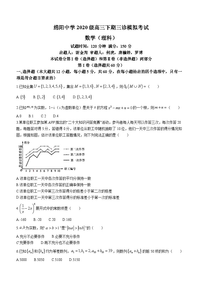 四川省绵阳中学2022-2023学年高三下学期三诊模拟考试理科数学试题（Word版附答案）第1页