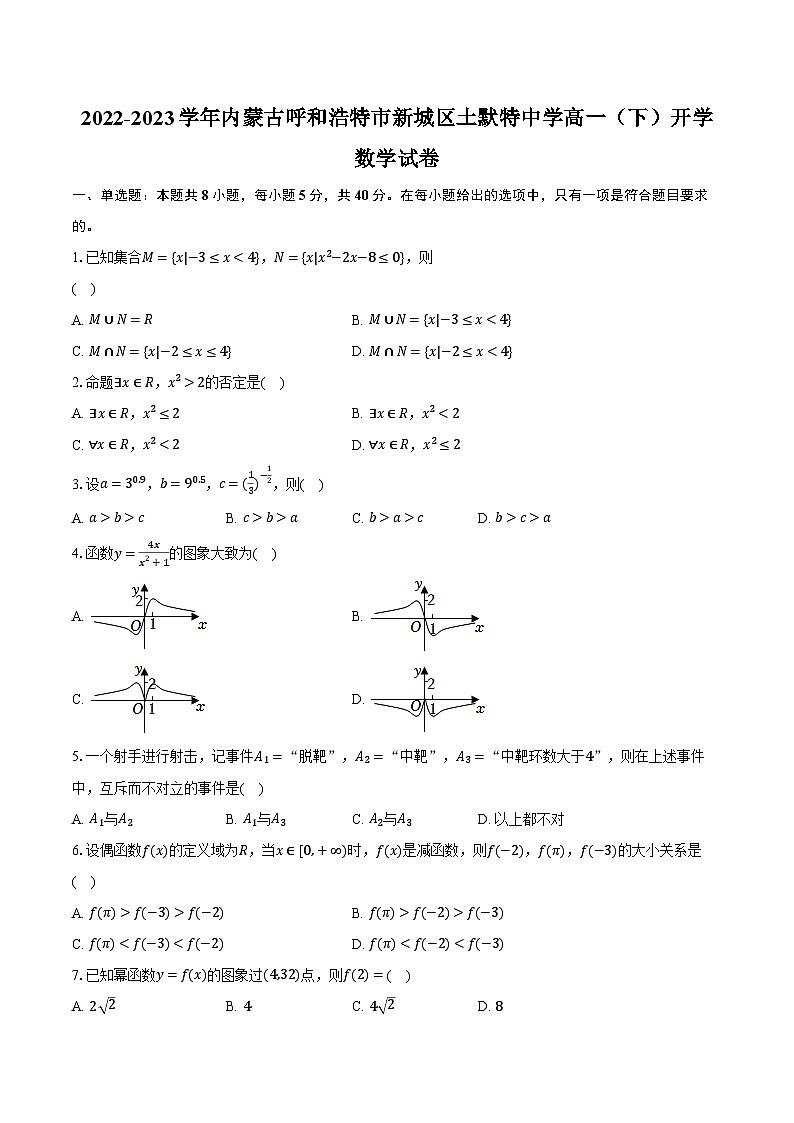 2022-2023学年内蒙古呼和浩特市新城区土默特中学高一（下）开学数学试卷（含解析）01