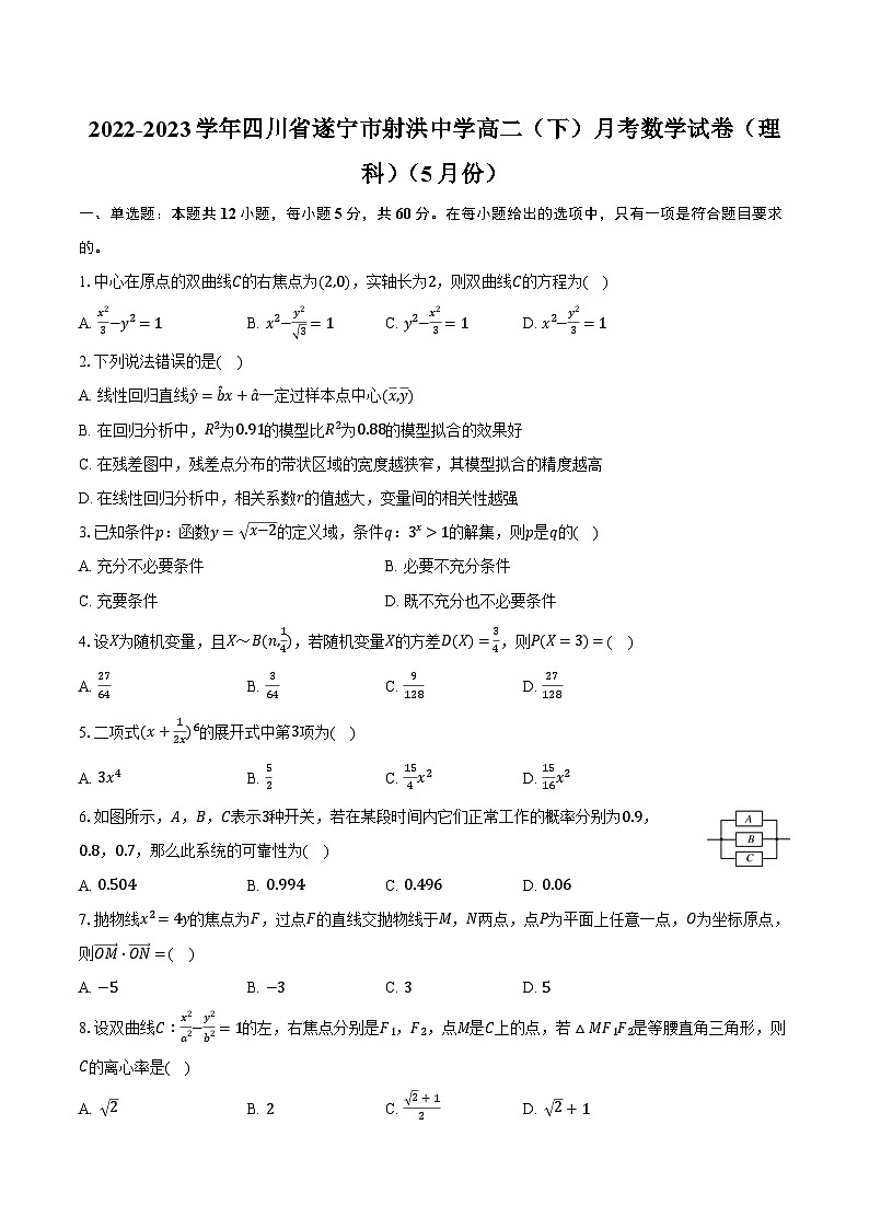 2022-2023学年四川省遂宁市射洪中学高二（下）月考数学试卷（理科）（5月份）（含解析）第1页