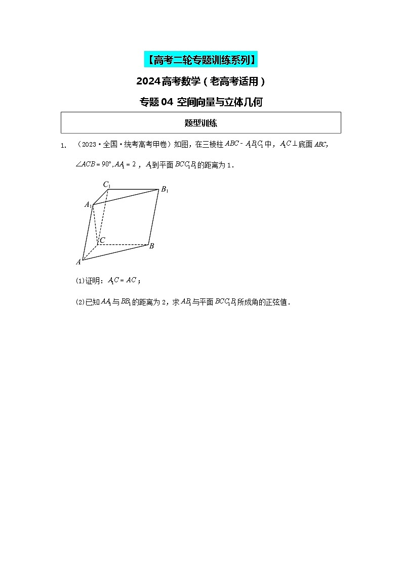 专题04 空间向量与立体几何 专练-2024届高考数学二轮复习（老高考适用）（含解析）第1页
