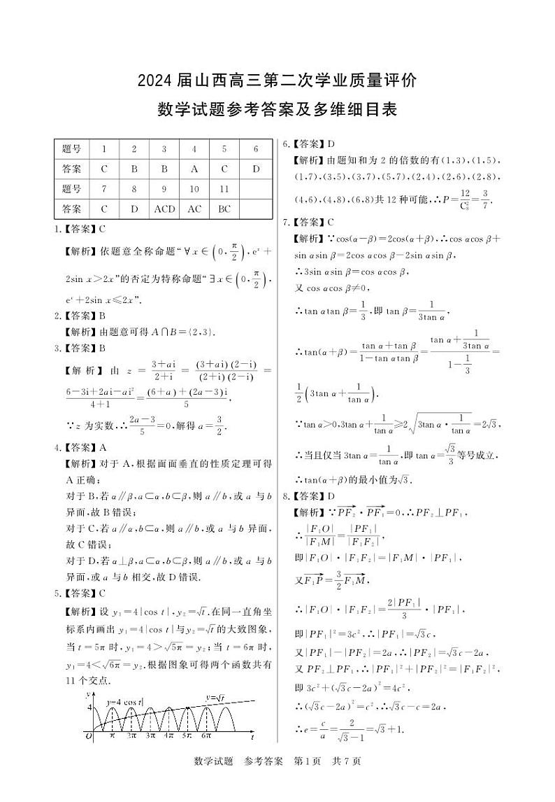 山西省2024届高三第二次学业质量评价数学试题第3页