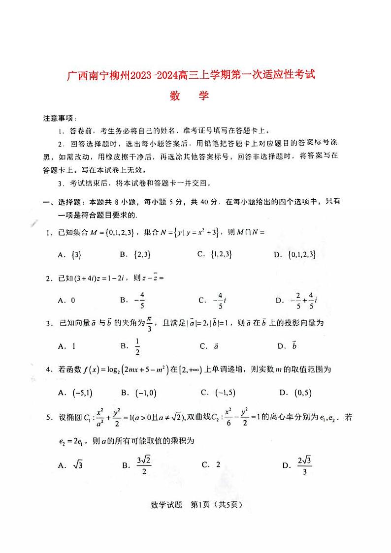 广西省南宁柳州2023_2024高三数学上学期第一次适应性考试试题01