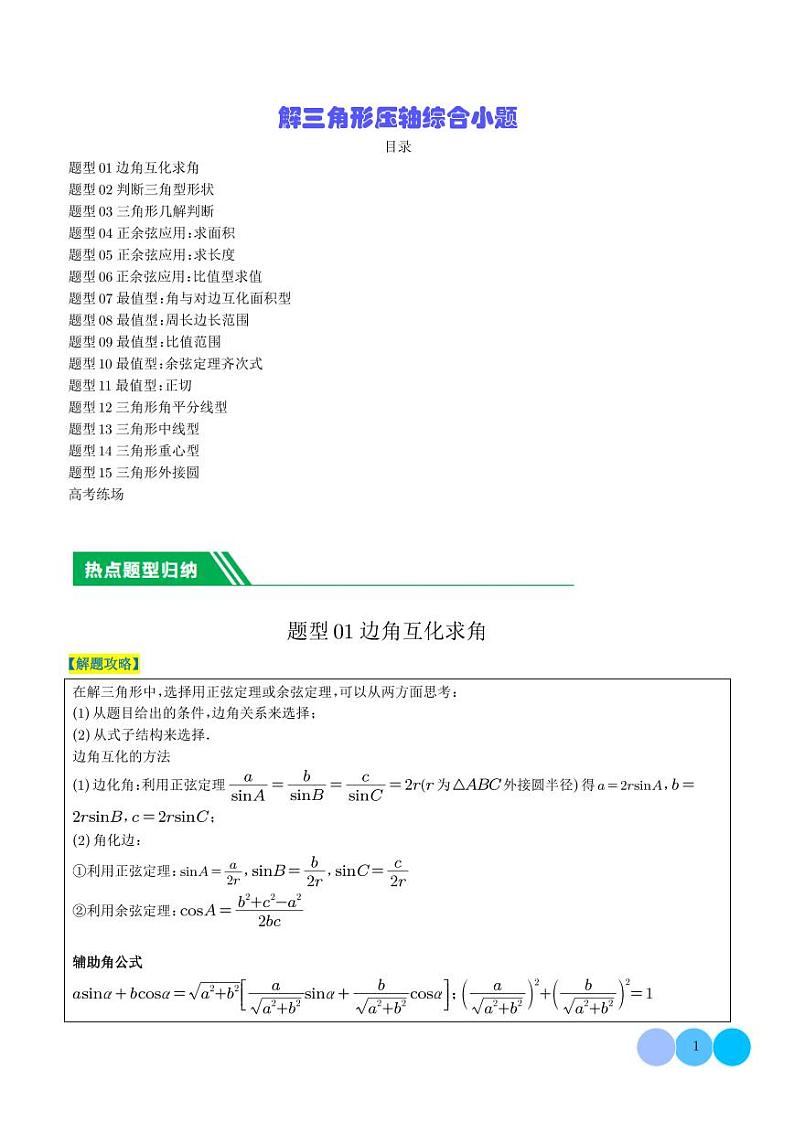2024年新高考数学二轮专题复习 解三角形压轴综合小题（原卷版+解析版）第1页