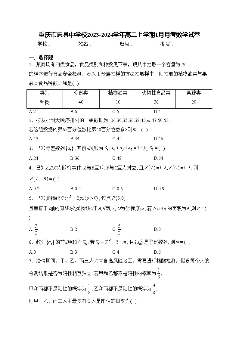 重庆市忠县中学校2023-2024学年高二上学期1月月考数学试卷(含答案)第1页