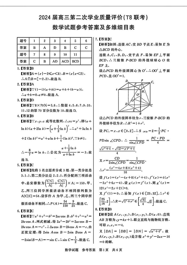 2024届八省八校T8联考高三第二次学业质量评价数学试题01