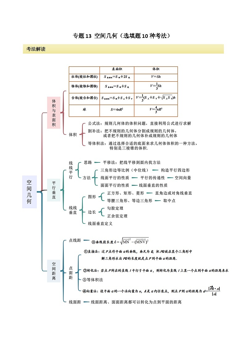 2024年高考数学二轮复习专题13空间几何(选填题10种考法)(原卷版+解析)第1页