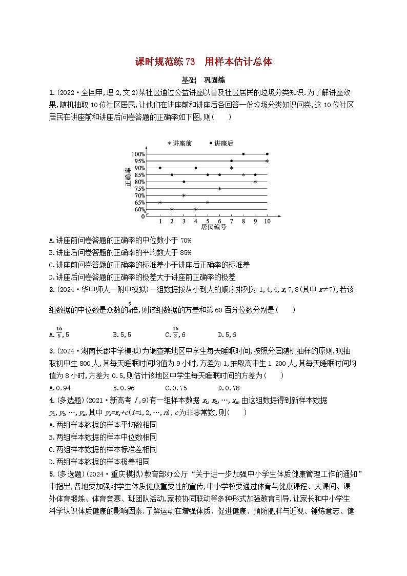 备战2025届新高考数学一轮总复习课时规范练73用样本估计总体（附解析人教A版）第1页
