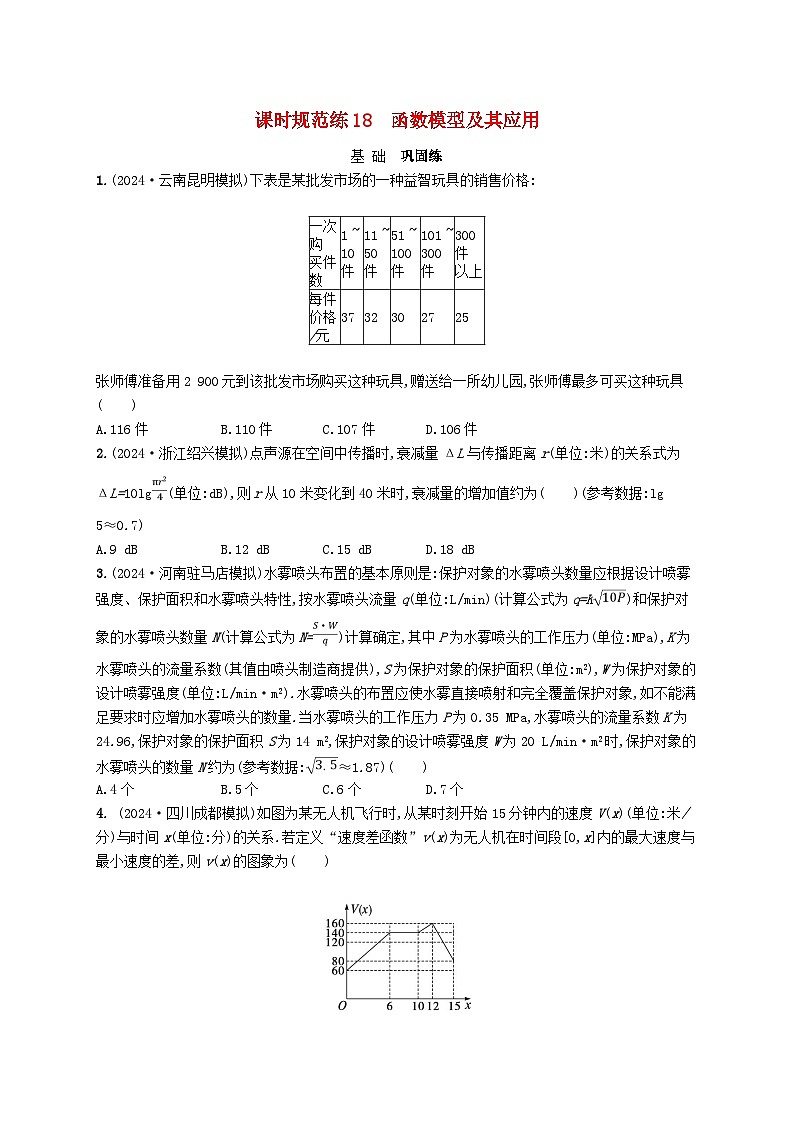 备战2025届新高考数学一轮总复习课时规范练18函数模型及其应用（附解析人教A版）第1页