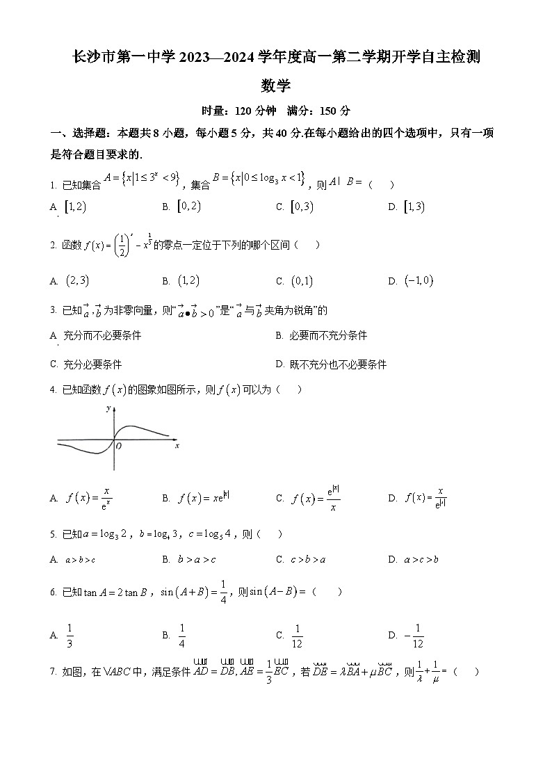 湖南省长沙市第一中学2023-2024学年高一下学期开学自主检测数学试卷（Word版附解析）01