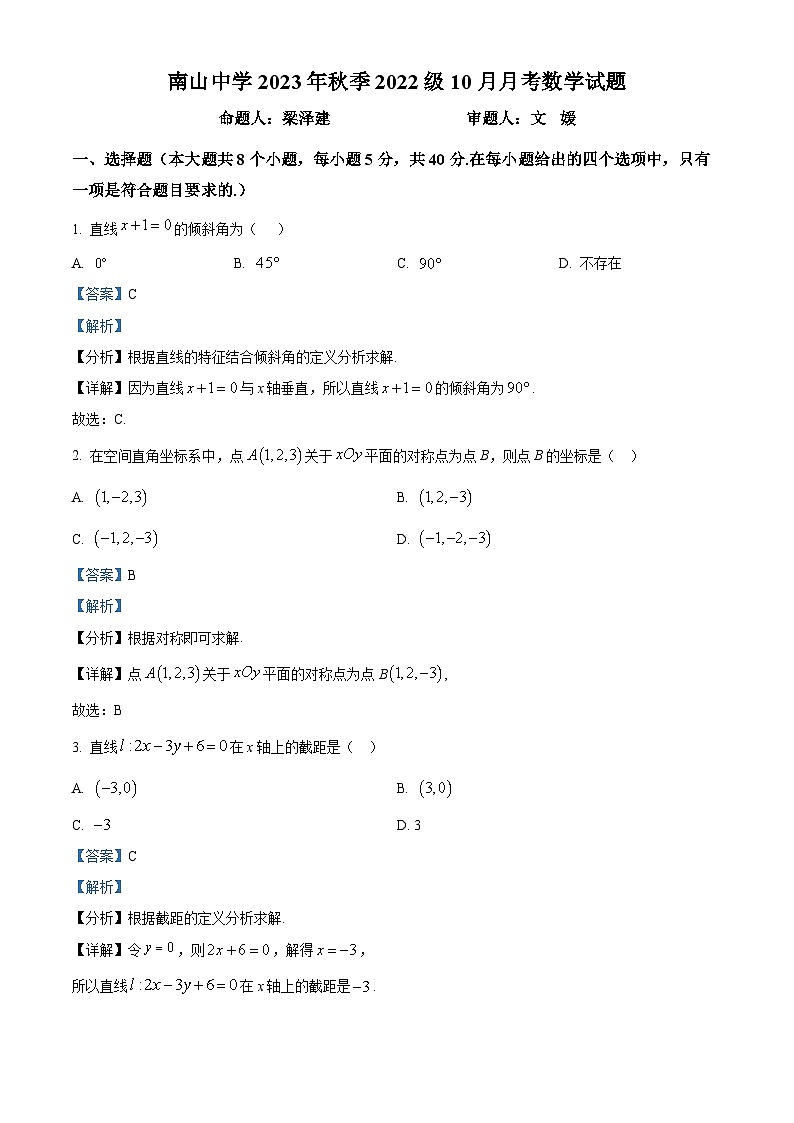 四川省绵阳南山中学2023-2024学年高二（上）10月月考 数学答案01