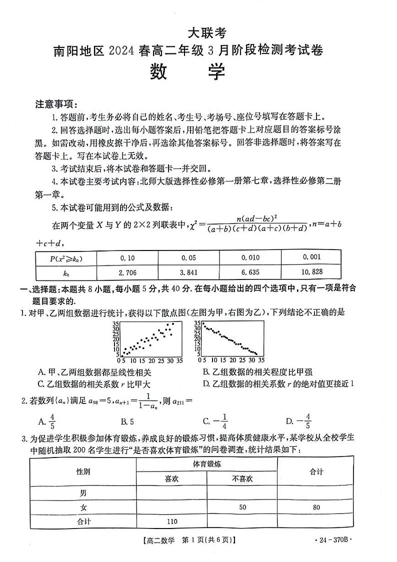 河南省南阳地区2024年春高二3月阶段检测联考数学试题第1页