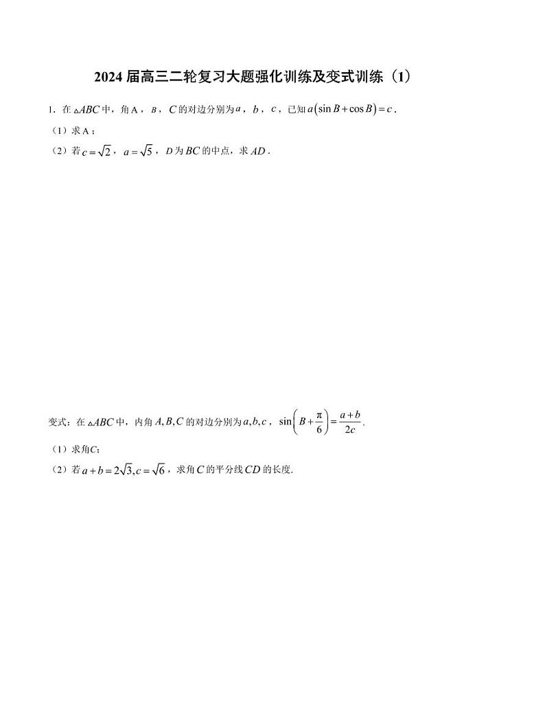 大题强化及变式训练（1）-2024届高三数学二轮复习大题强化及变式训练（新高考九省联考题型）（原卷版）第1页