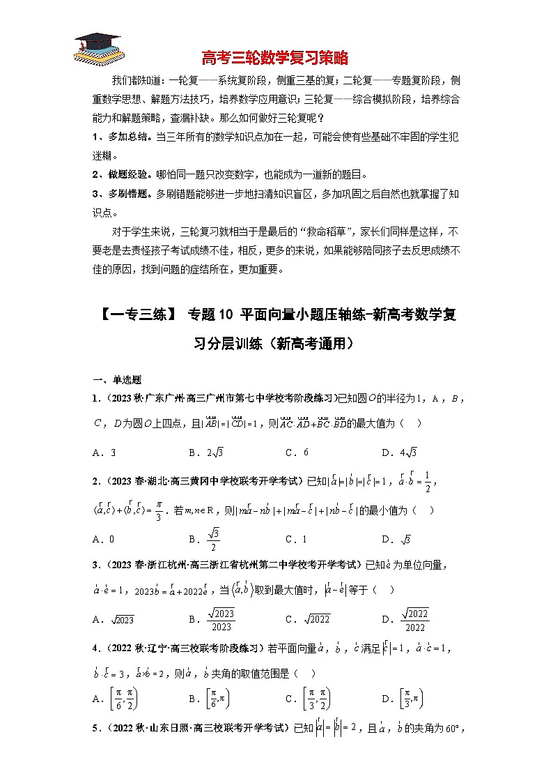 专题10 平面向量小题压轴练（原卷版）第1页