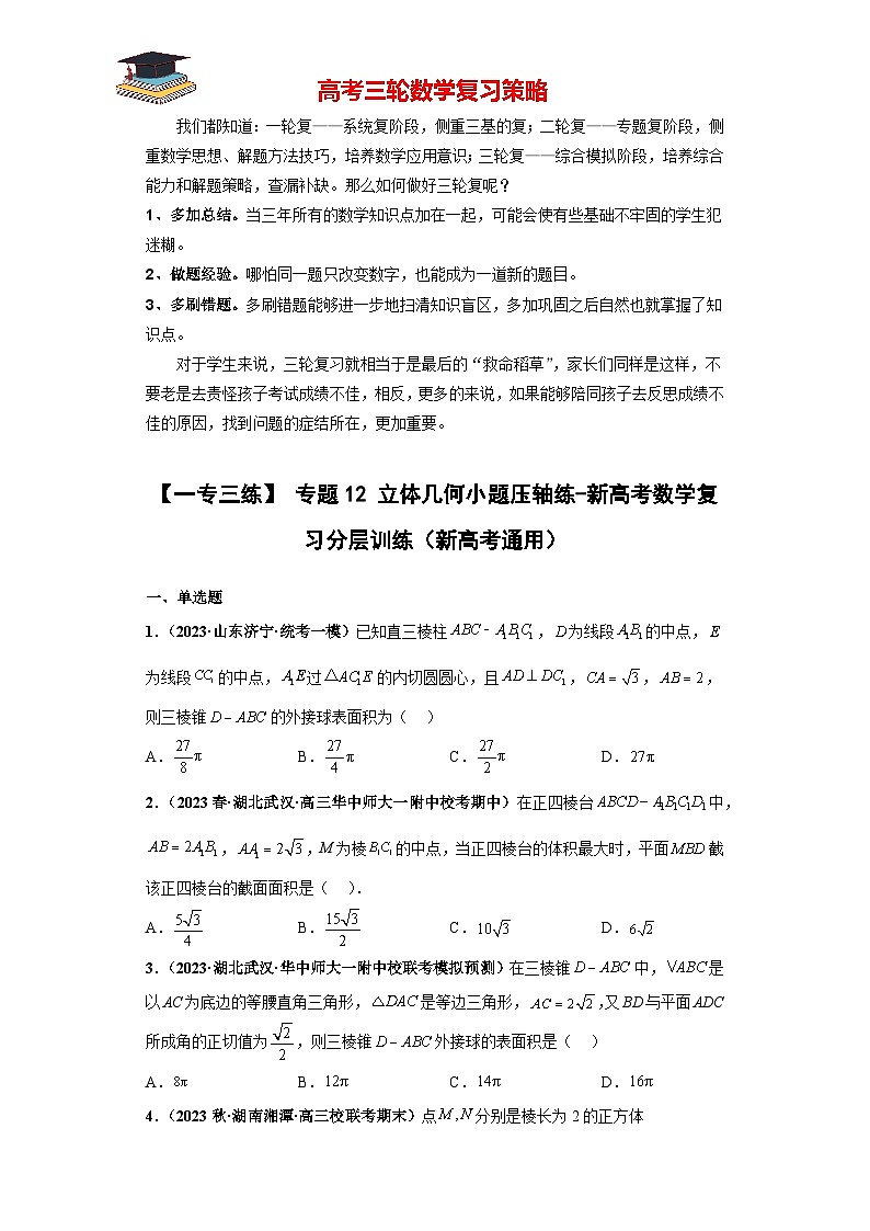 专题12 立体几何小题压轴练（原卷版）第1页