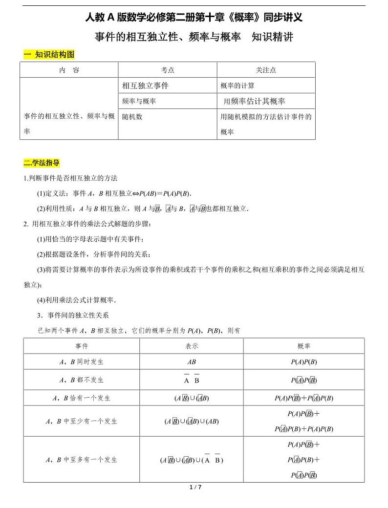 人教A版数学必修第二册第十章《10.2 事件的相互独立性 10.3 频率与概率》同步讲义01