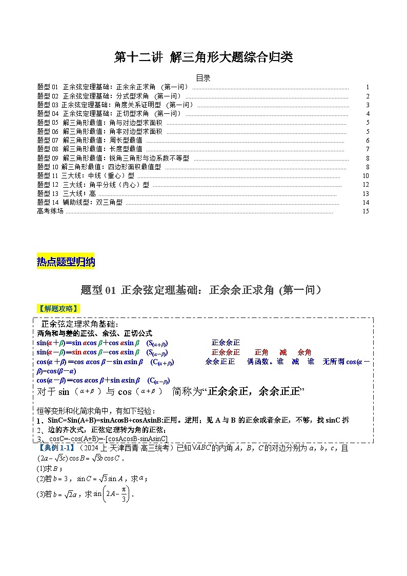 2024年新高考数学题型全归纳讲义第十二讲解三角形大题综合归类(原卷版+解析)01