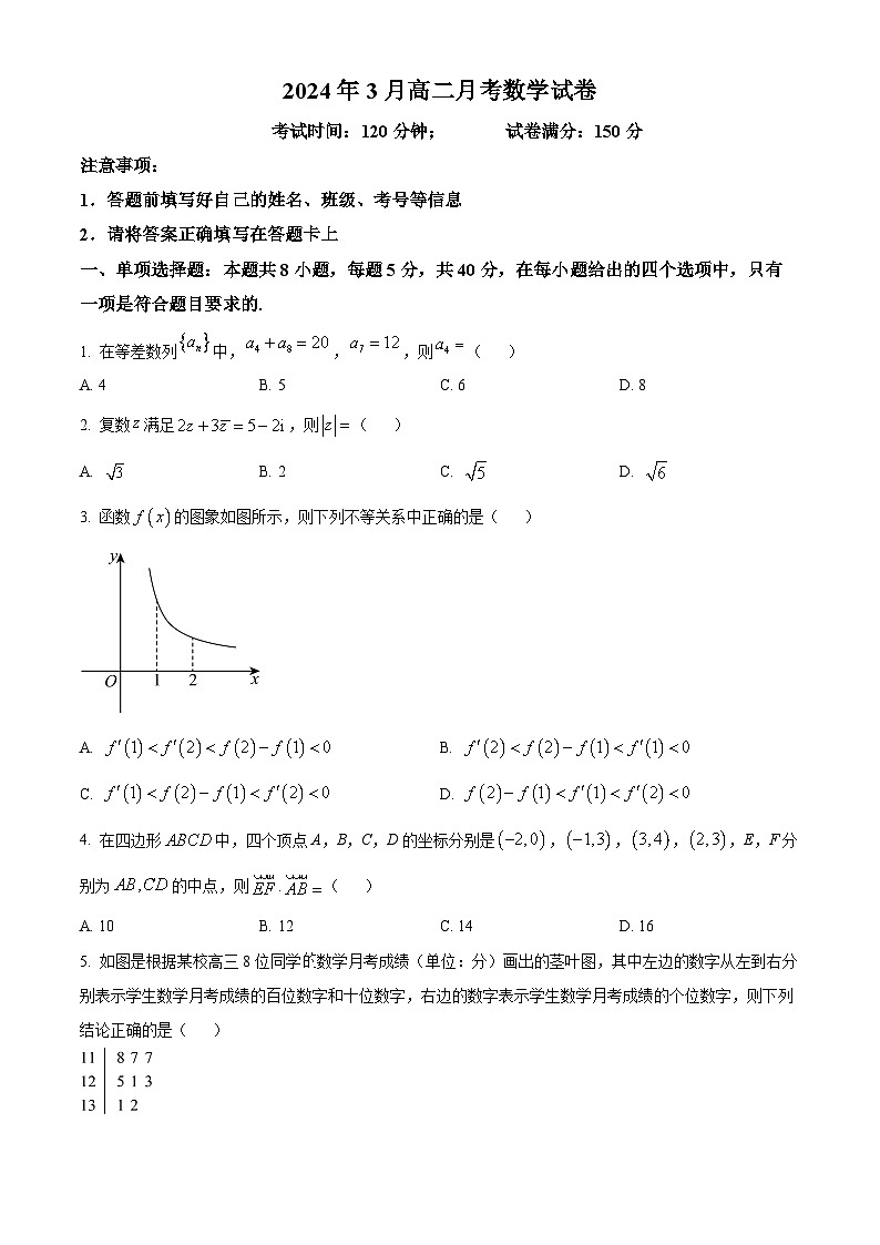 精品解析：湖北省恩施州咸丰春晖高级中学2023-2024学年高二下学期第一次月考数学试题（原卷版）第1页