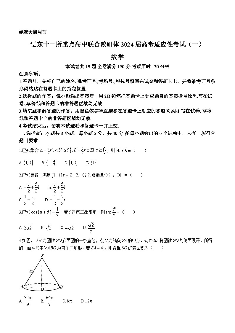辽宁省辽东十一所重点高中联合教研体2024届高三下学期高考适应性考试（一）数学试题第1页