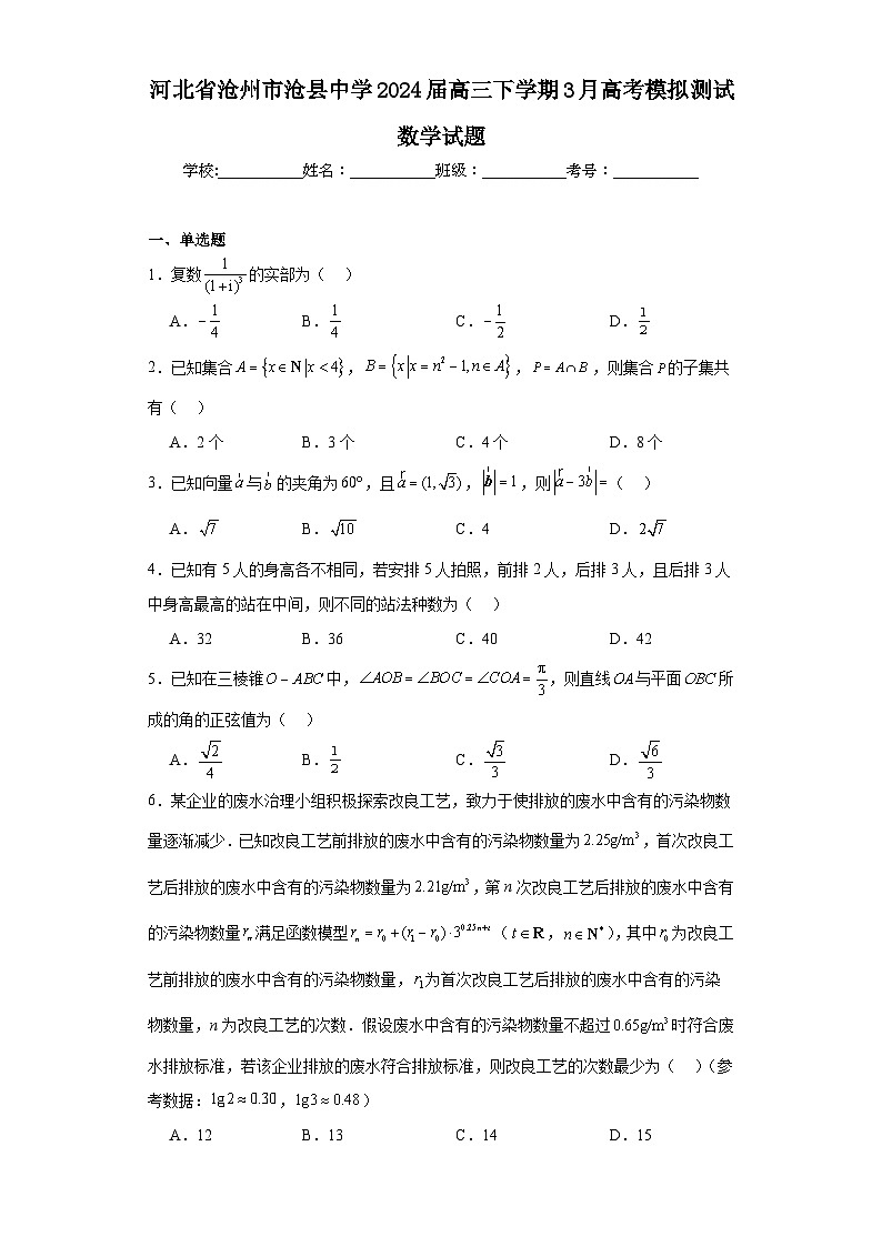 河北省沧州市沧县中学2024届高三下学期3月高考模拟测试数学试题第1页