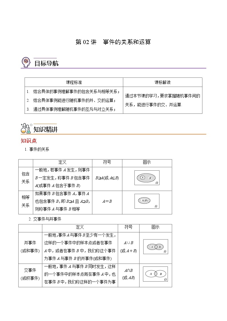 第02讲 事件的关系和运算-高一数学同步精品讲义（人教A版必修第二册）01