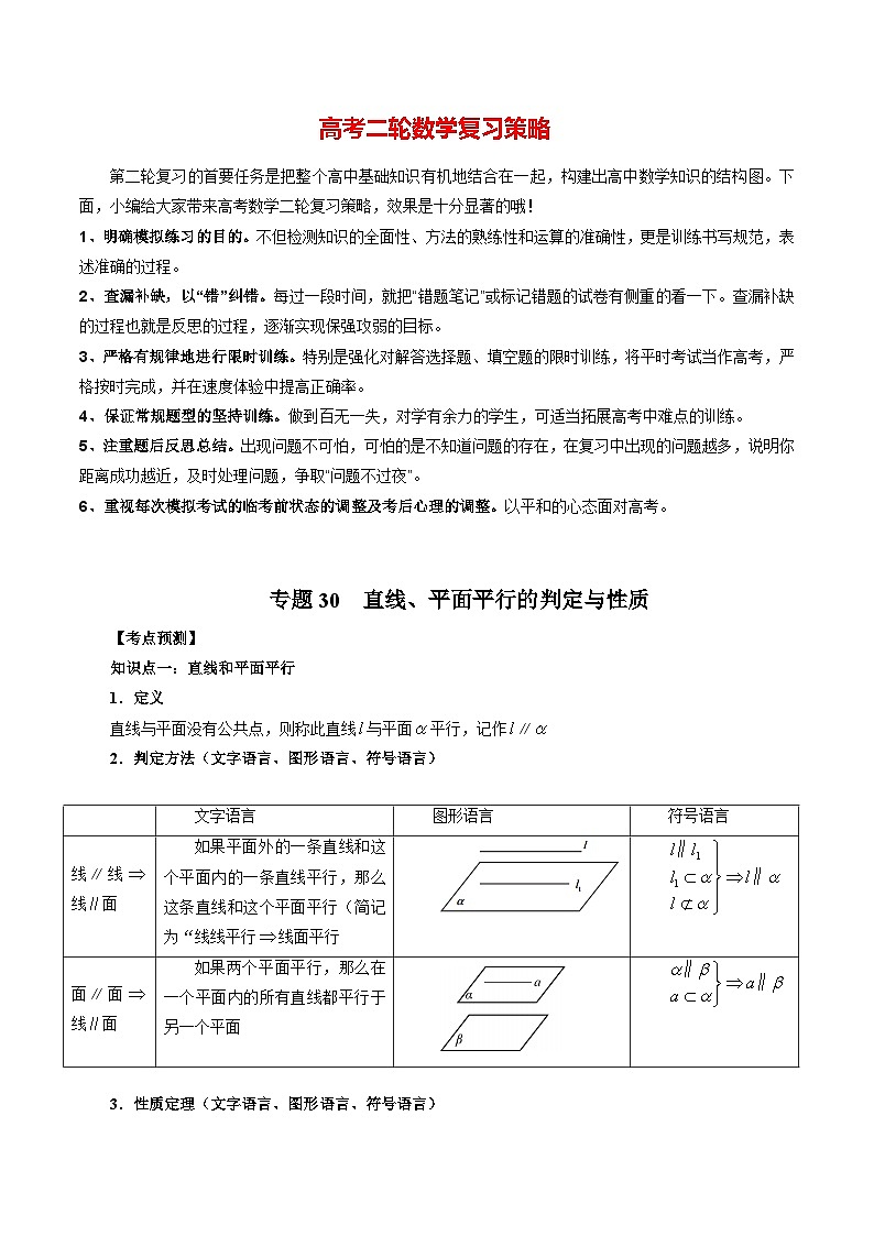 最新高考数学二轮复习讲义【讲通练透】  专题30 直线、平面平行的判定与性质01