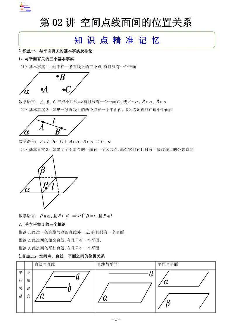 第09章  立体几何-第02讲 空间点线面间的位置关系-2024版高考数学零基础一轮复习讲义PDF原卷+解析01