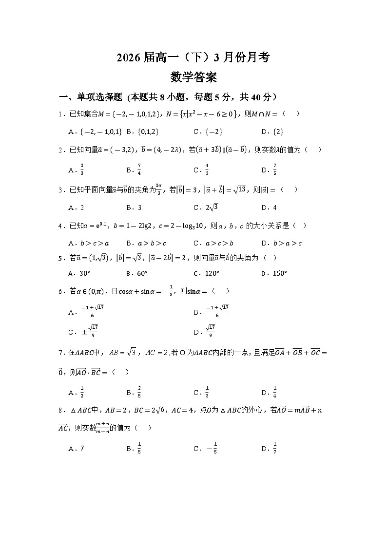 广西南宁市武鸣区锣圩高级中学2023-2024学年高一下学期3月月考数学试卷第1页