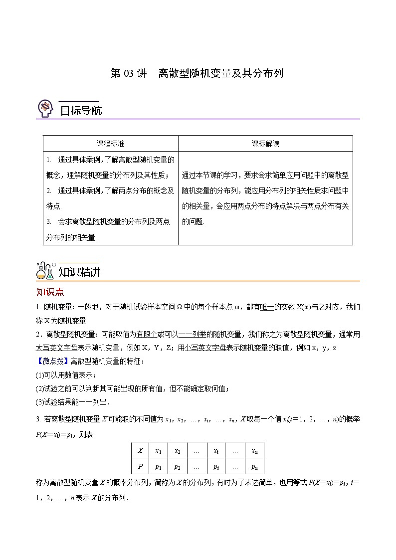 第03讲 离散型随机变量及其分布列-高二数学同步精品讲义（人教A版选择性必修第三册）01