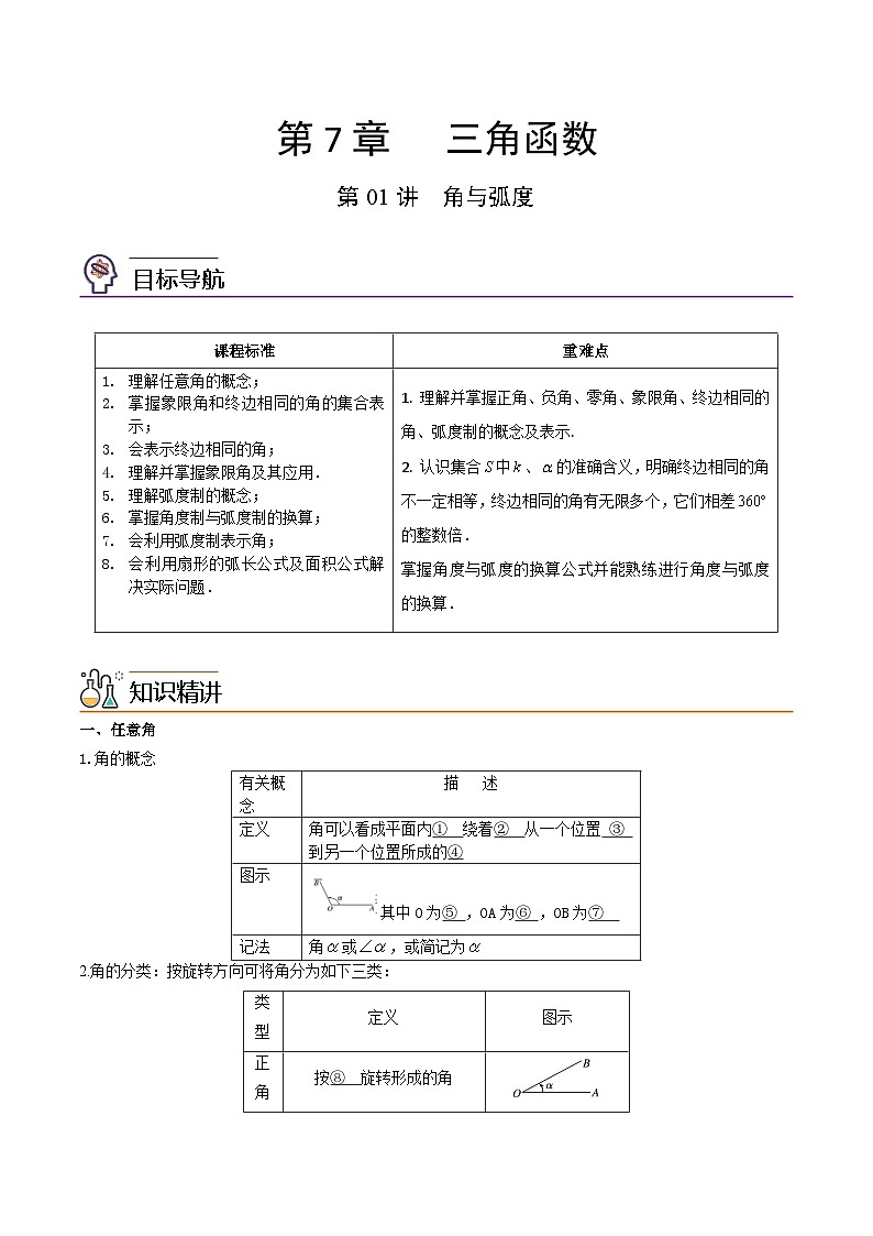 第01讲 角与弧度-高一数学同步精品讲义（苏教版必修第一册）01