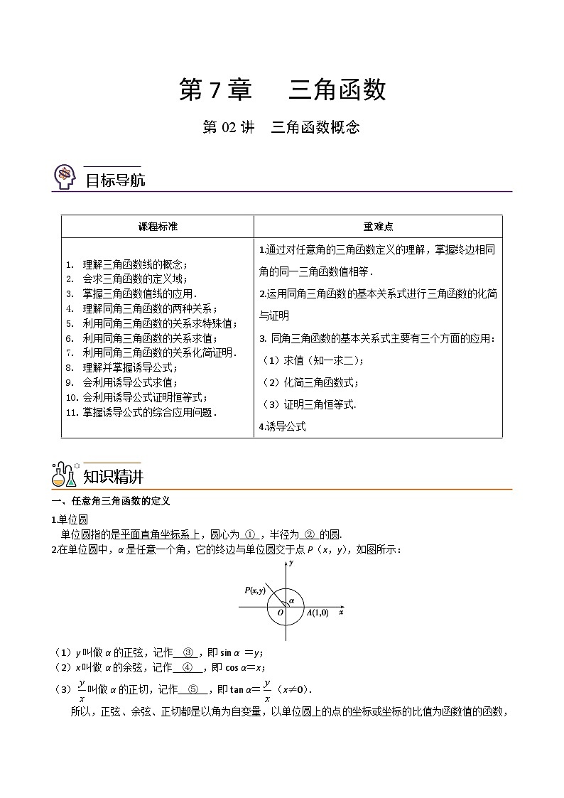 第02讲 三角函数概念-高一数学同步精品讲义（苏教版必修第一册）01
