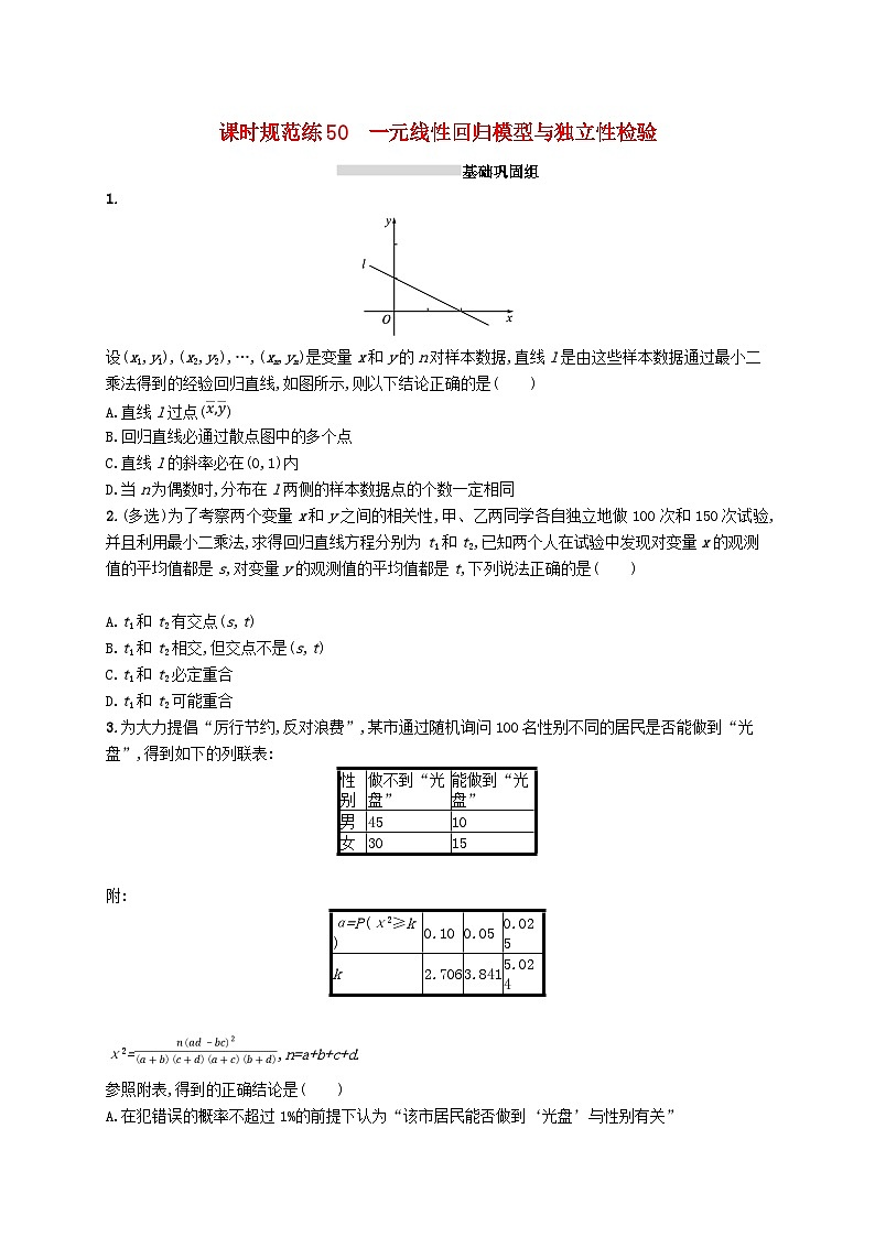 2025届高考数学一轮复习专项练习课时规范练50一元线性回归模型与独立性检验第1页