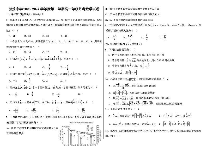 甘肃省酒泉市敦煌中学2023-2024学年高一下学期3月月考数学试卷01