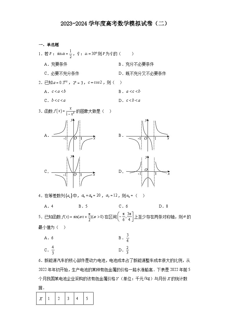 天津市朱唐庄中学2023-2024学年高三下学期数学模拟预测试卷（二）第1页