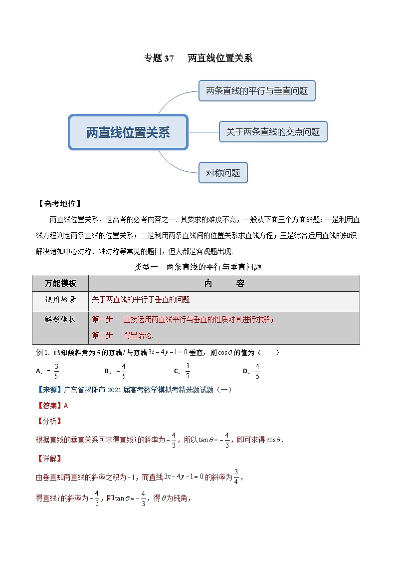 最新高考数学解题方法模板50讲 专题37 两直线位置关系02