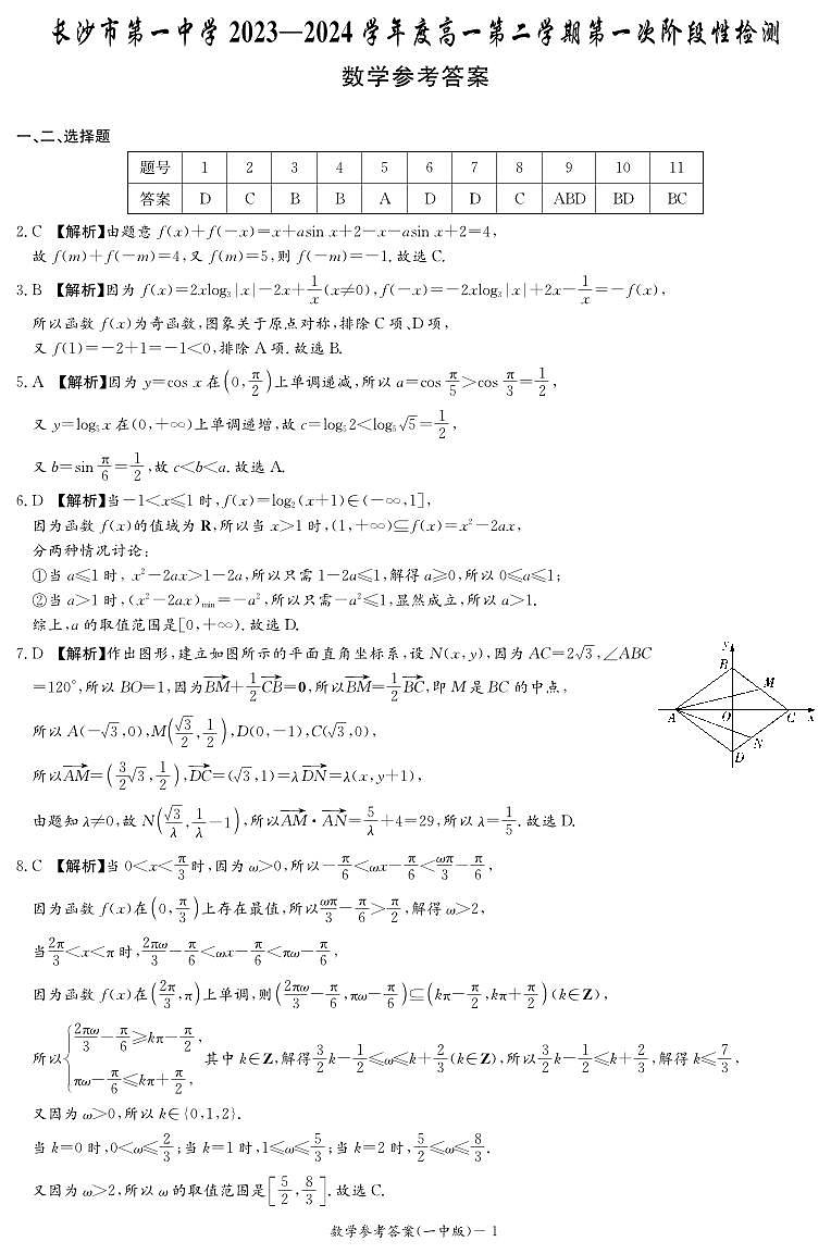 长沙市第一中学2023-2024学年高一下学期第一次阶段性检测（月考）数学试题（答案）第1页