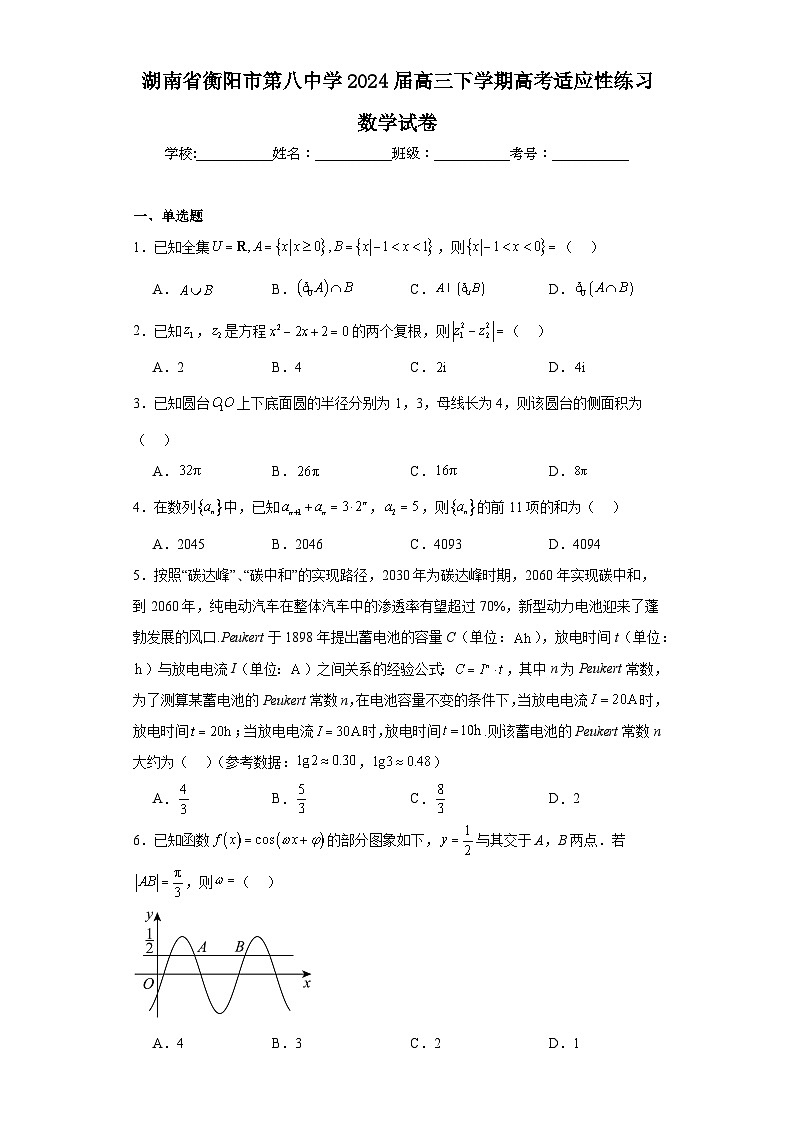 湖南省衡阳市第八中学2024届高三下学期高考适应性练习数学试卷及答案第1页