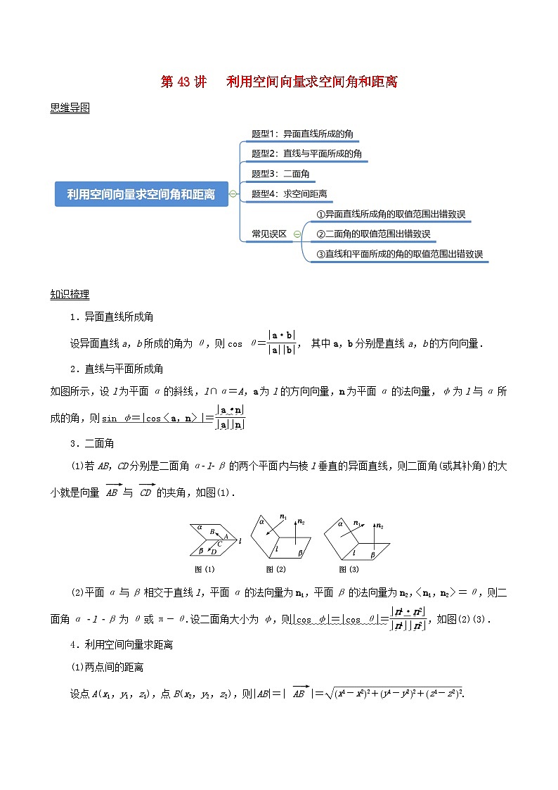 2024年新高考数学一轮复习知识梳理与题型归纳第43讲利用空间向量求空间角和距离（教师版）01