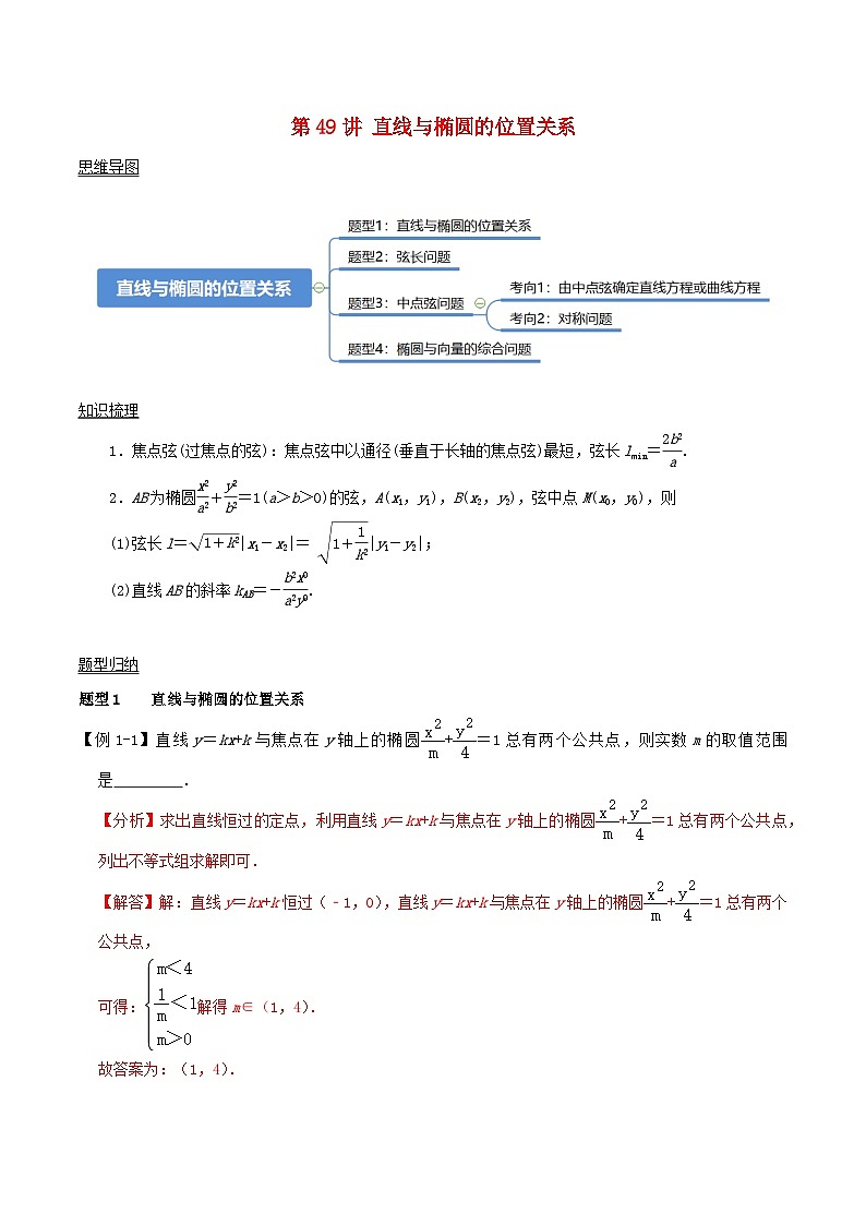 2024年新高考数学一轮复习知识梳理与题型归纳第49讲直线与椭圆的位置关系（教师版）01
